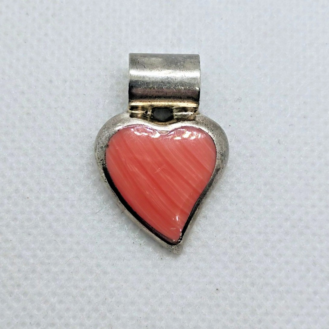 Vtg ATI 925 Mexico Sterling Silver Pink Rhodochrosite Heart Pendant