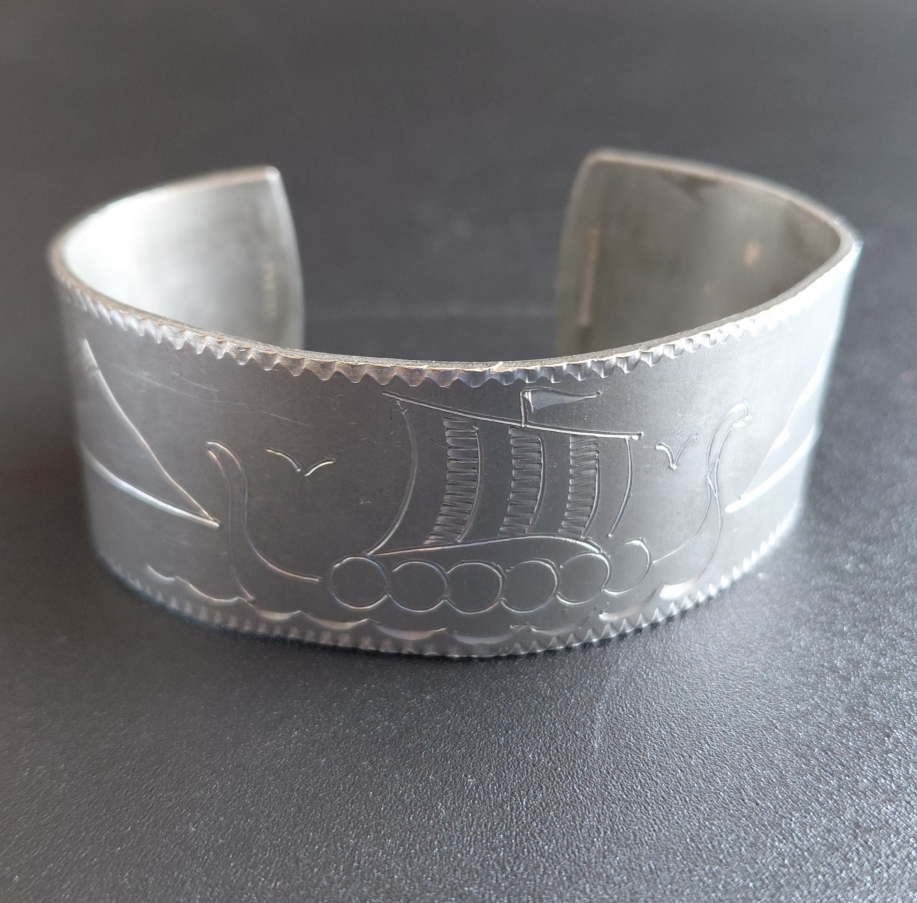 E. Christophersen Viking Ship Cuff Bracelet Norway Pewter Signed Vintage