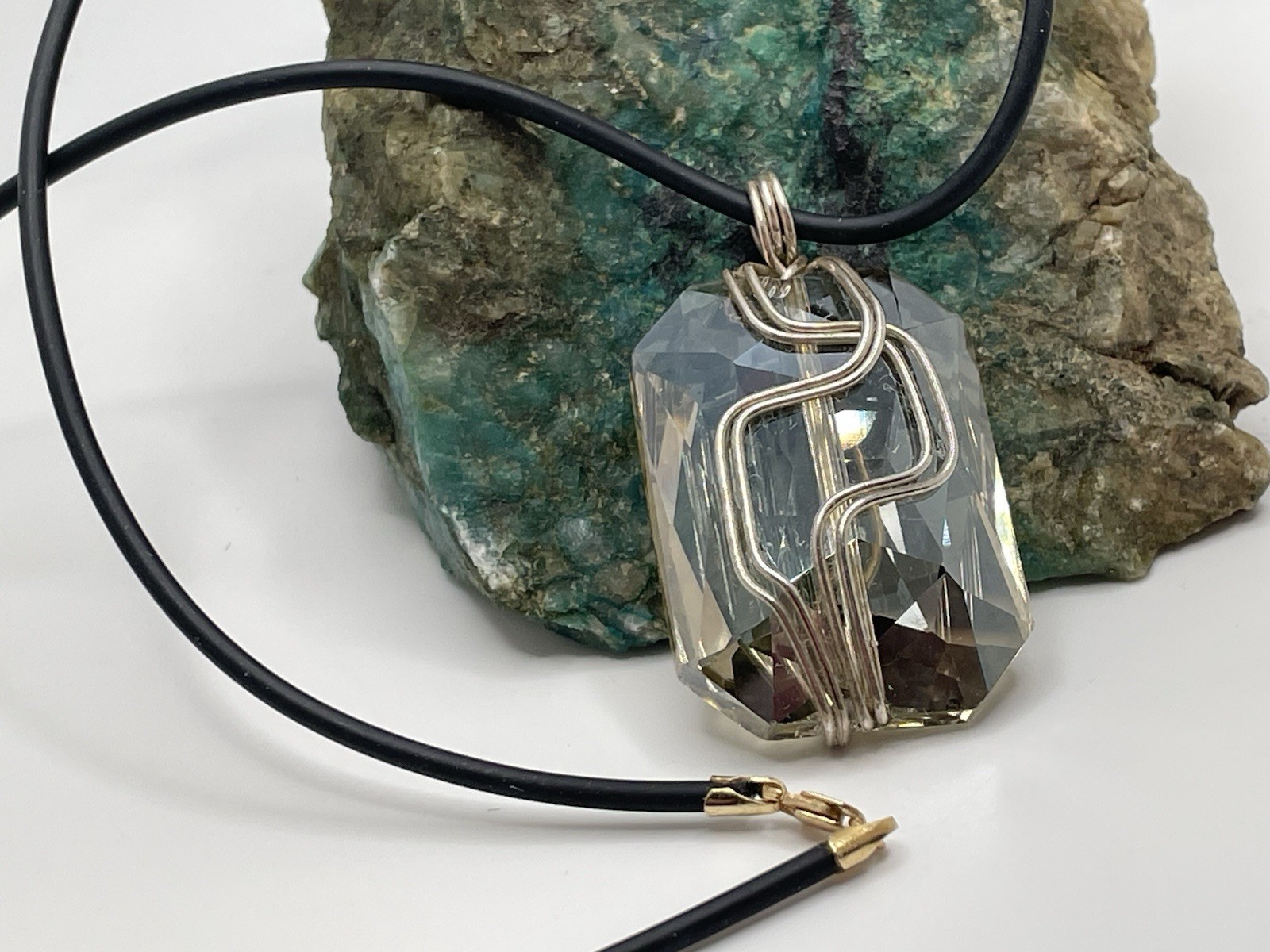 18” Black Rubber Cord Necklace 14K Gold Lobster Claw Clasp Crystal MOD Pendant
