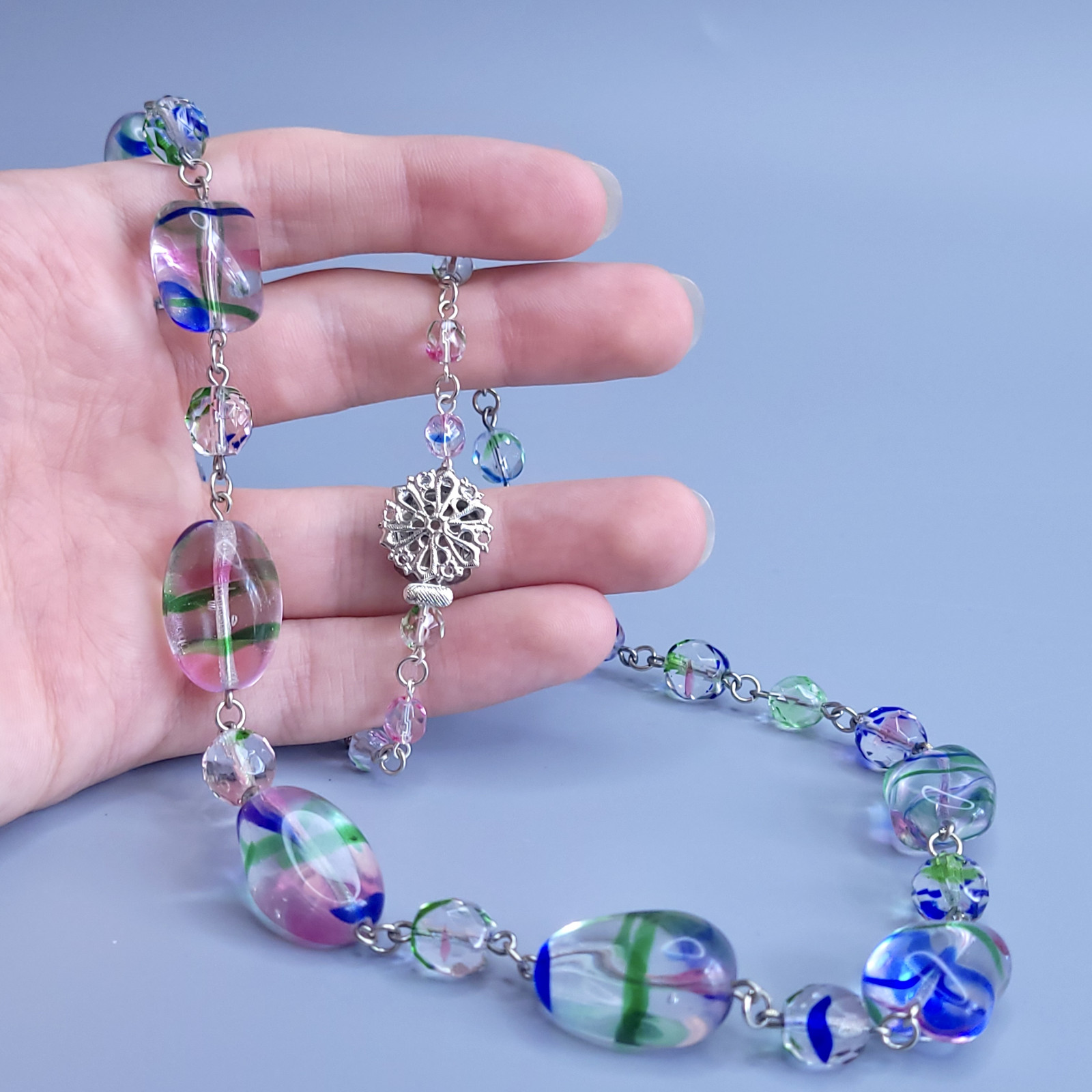 Iris Glass Necklace 24” Multicolor Czech Vintage Beads Women`s Jewelry
