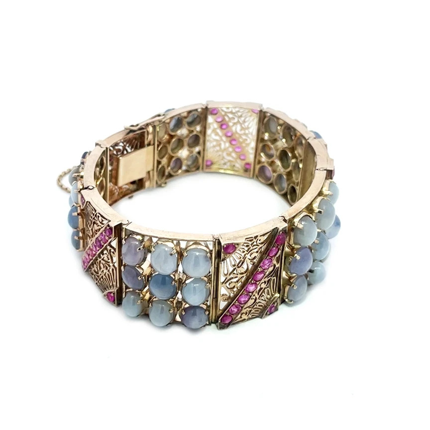 Ruby Star Sapphire Gold Bracelet 8k Art Deco White Filigree Rectangle Links