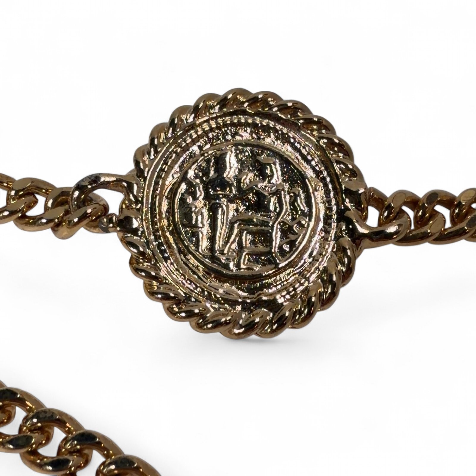 Vintage Egyptian Revival Art Nouveau Scarab Coin Chain Charm Link Belt 36inches