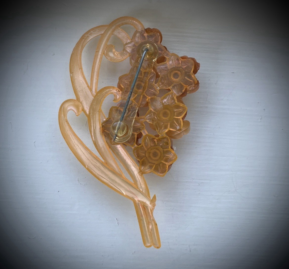 2 vintage floral celluloid Brooches 1930s 1950s costume jewelry