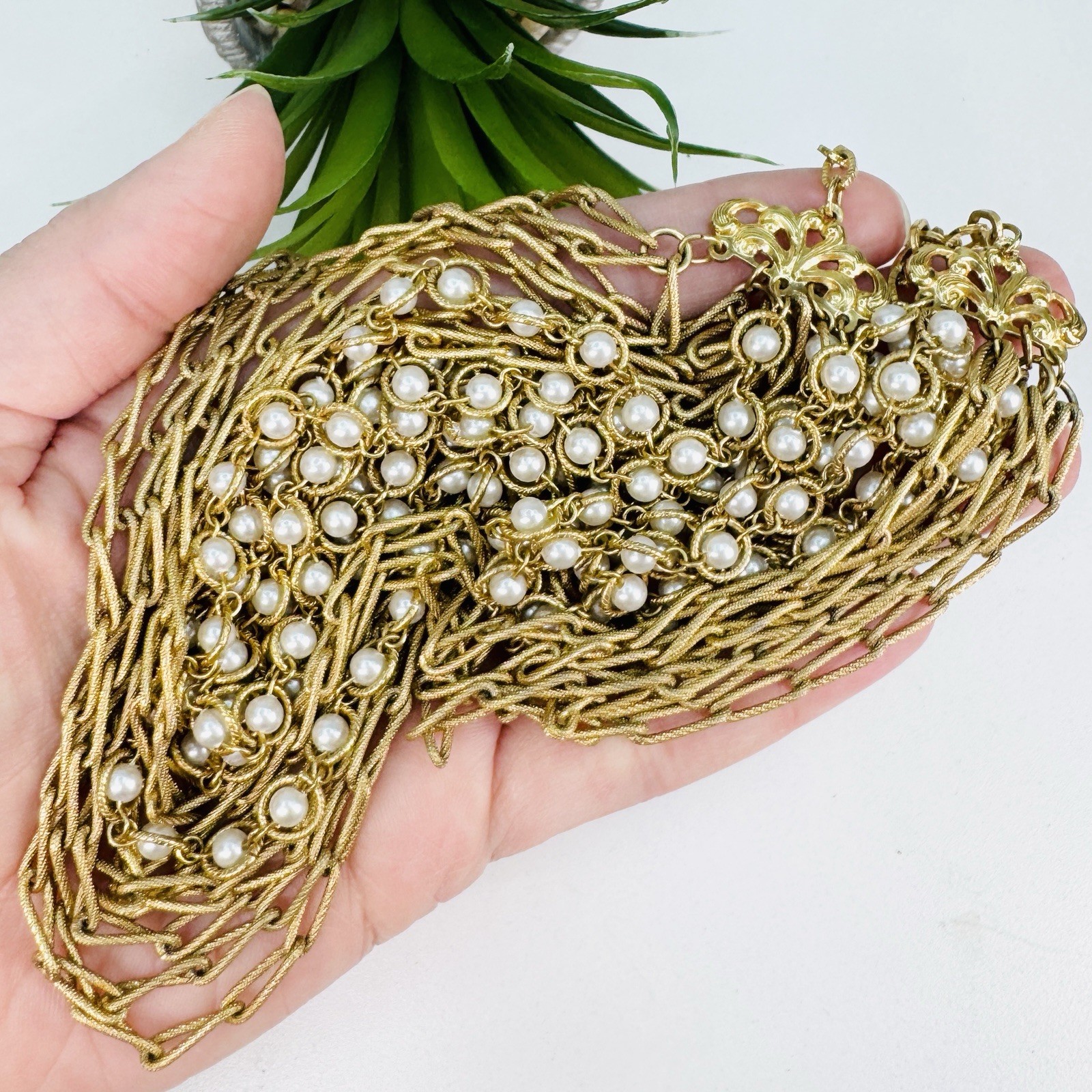 Vintage 60’s White Faux Pearl and Paper Clip Chain Gold Tone Layered Necklace