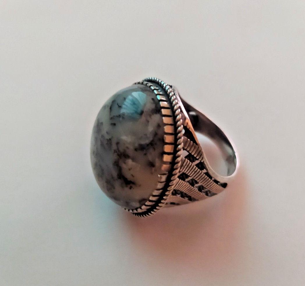 Ancient Vintage Victorian Sterling Silver Ring Natural Agate Stone Size 9
