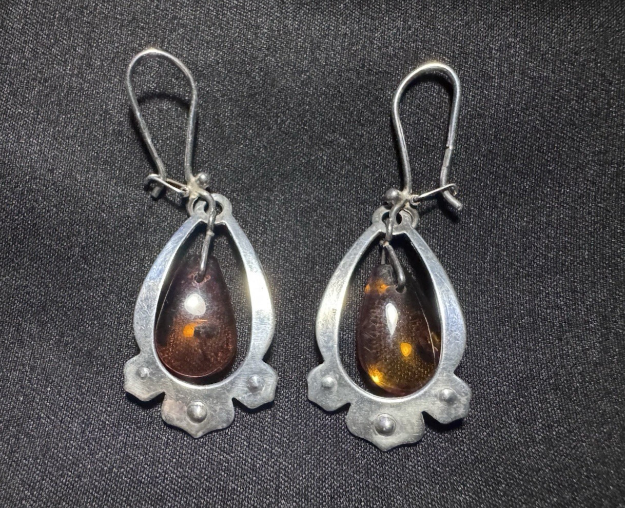 Vintage Soviet 925 Silver Cognac Amber Drop Earrings, USSR 1989 Hallmark, 2″