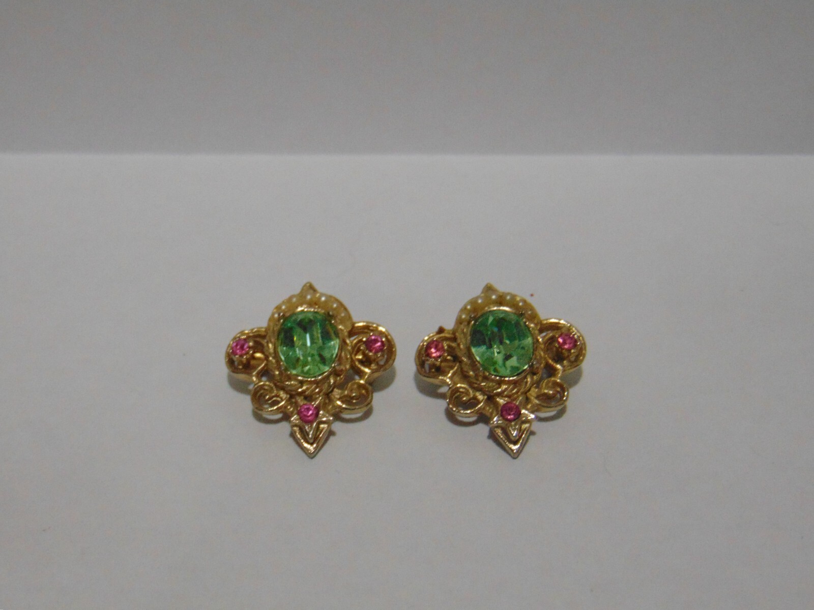 2 Vintage Pink And Green Rhinestone Brooches Pins Gold Tone