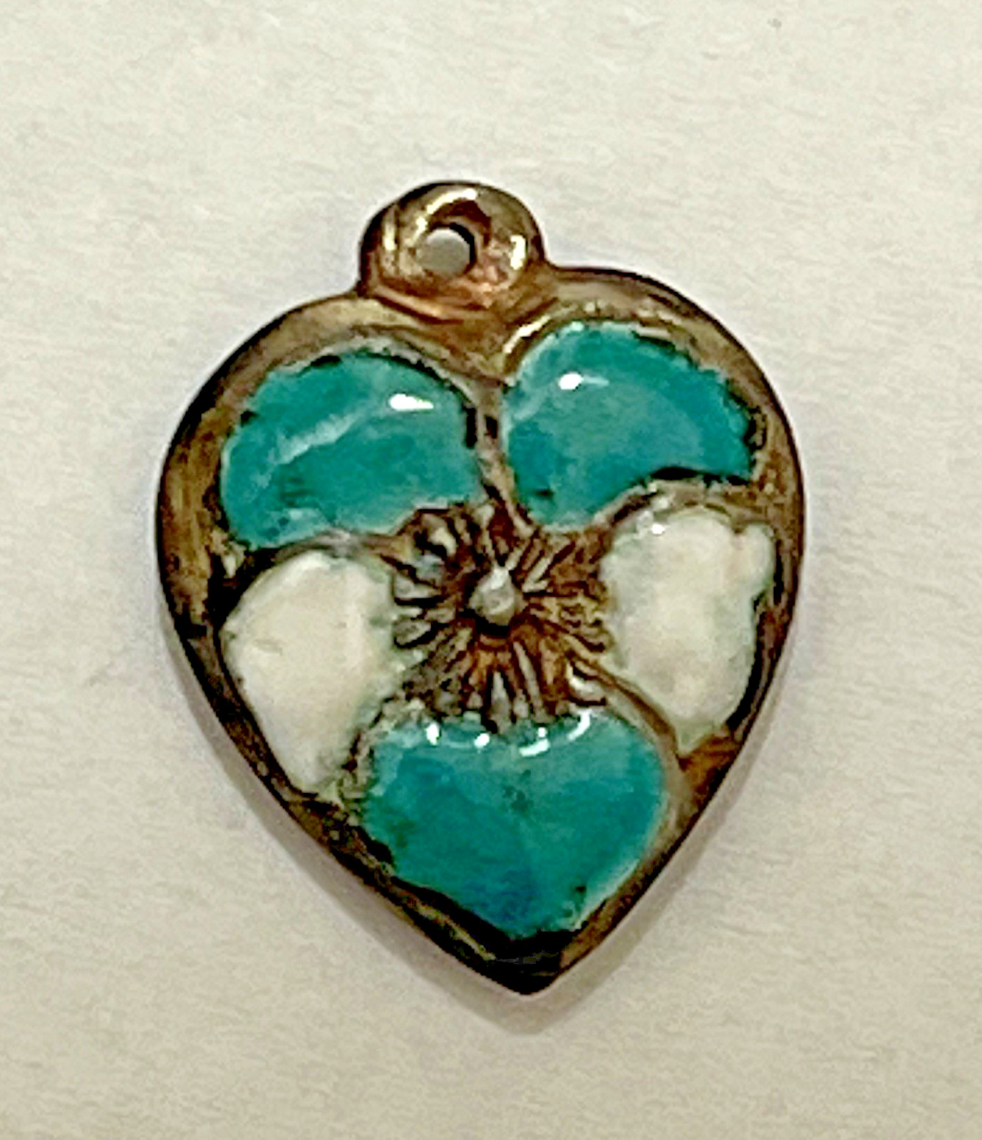 Sterling Silver Heart Flower Charm Puffy Enamel Pansy Stamped 925 Vintage Blue