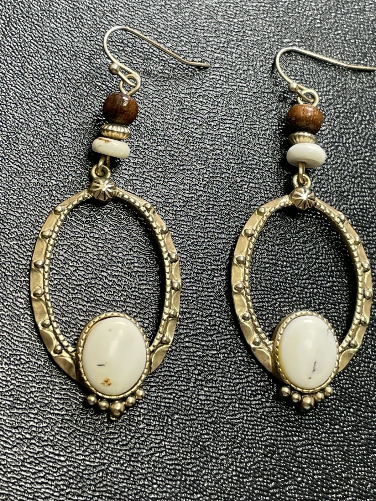 Vintage 1.5” Faux White Gemstone Wood Beaded Gold Tone Bohemian Dangle Earrings