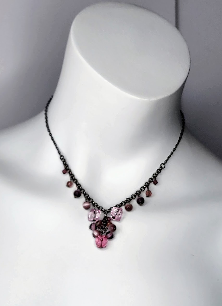 Vintage Style Pink Crystal & Cat Eye Bead Gunmetal Necklace