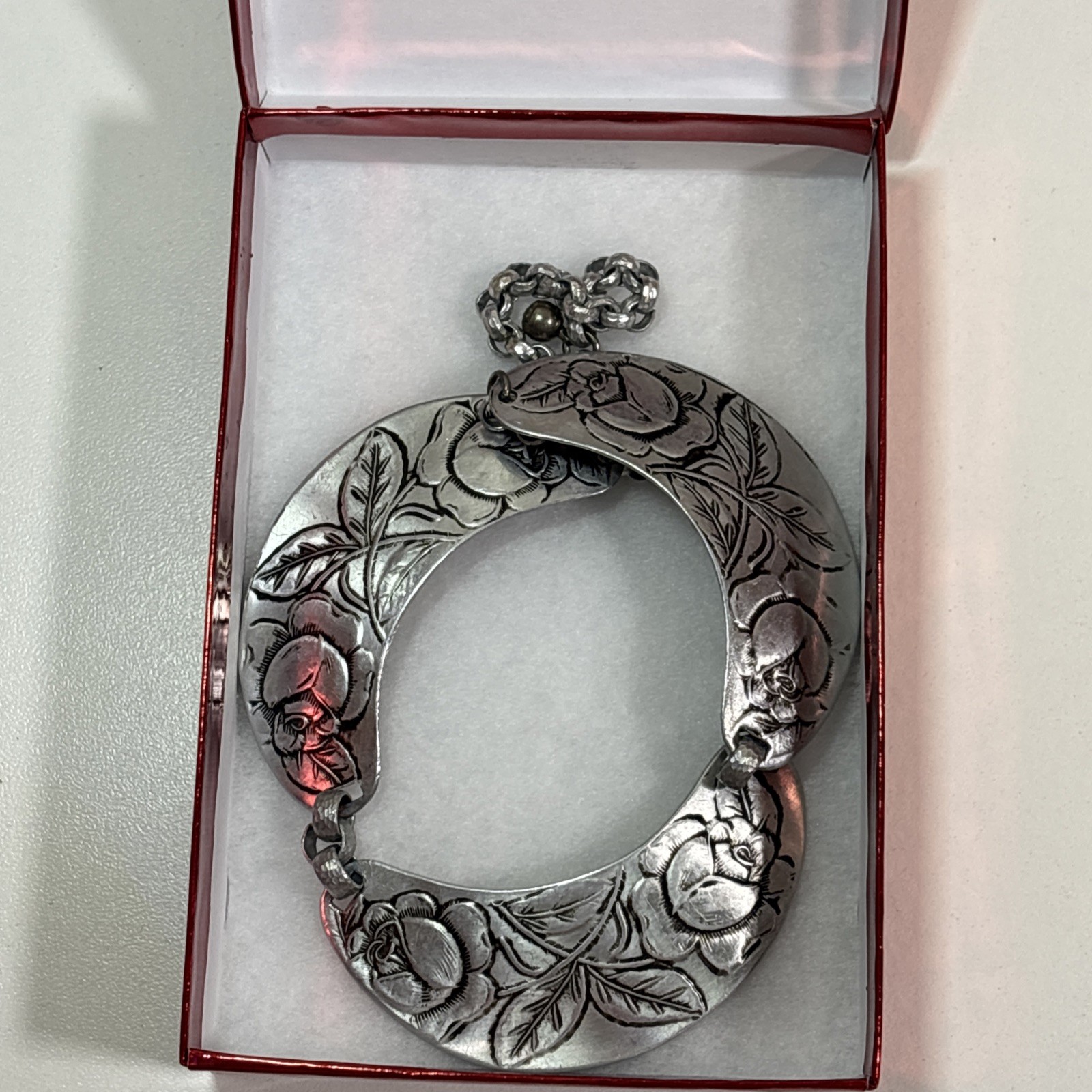 Vintage Hammered Aluminum Choker Necklace Roses Rose Flowers