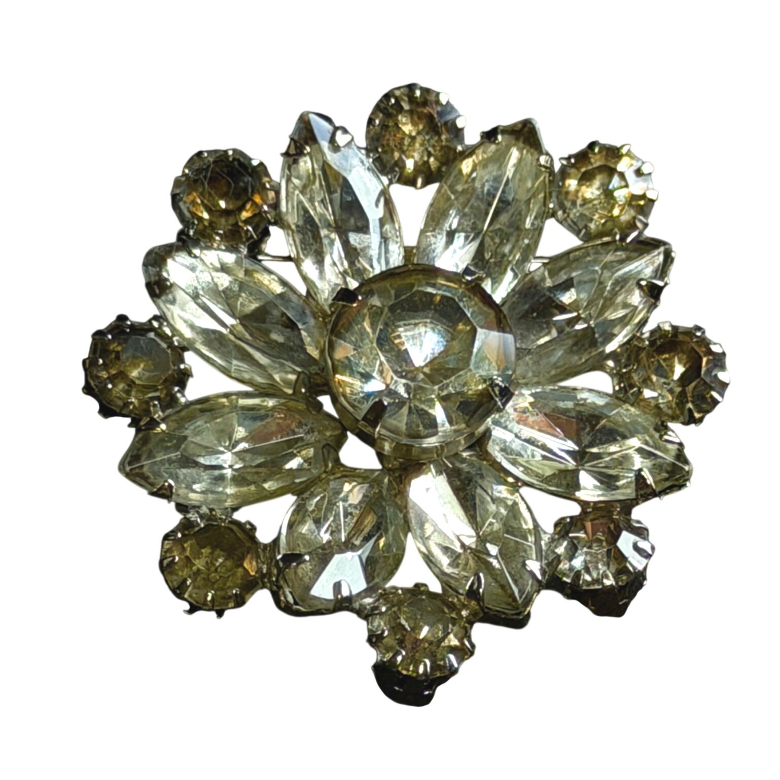 Vintage Austrian Glass Floral Brooch: Clear Topaz Stones, 1.5″ Statement Jewelry
