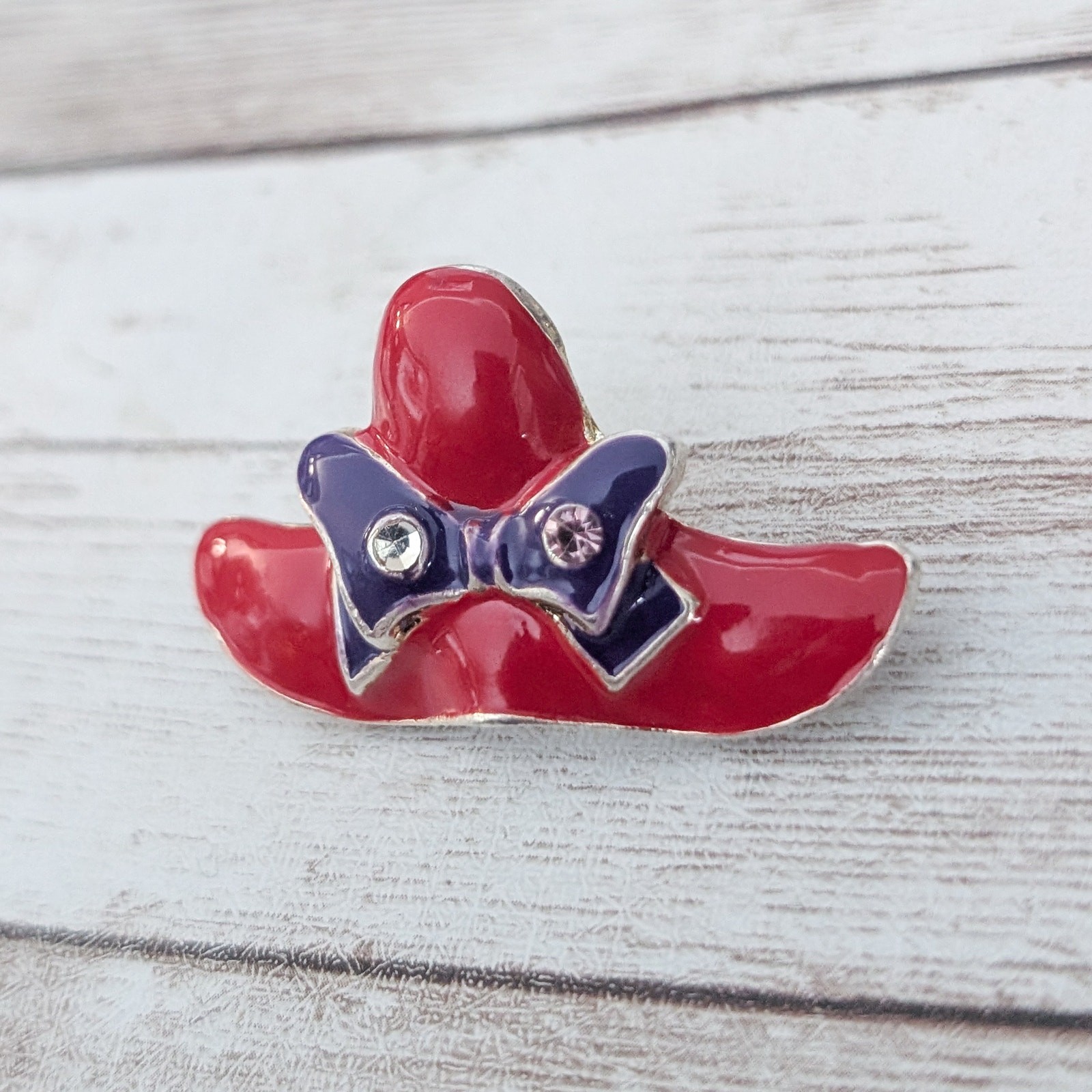 Vintage Brooch – Red Hat with Purple Bow – One Missing Gem