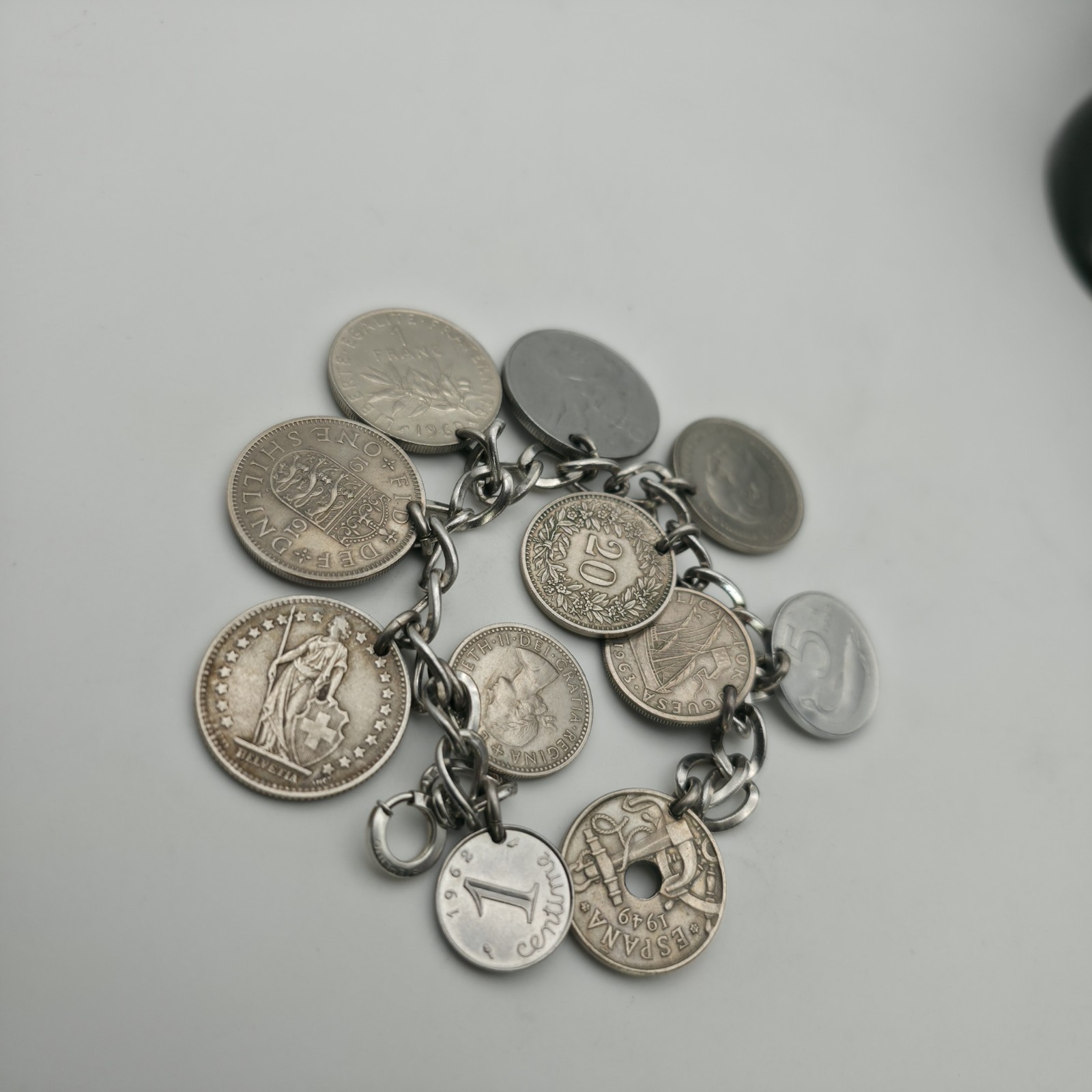 LeStage Sterling Silver Coin Charm Bracelet 58g Mid Century Estate Jewelry Euro