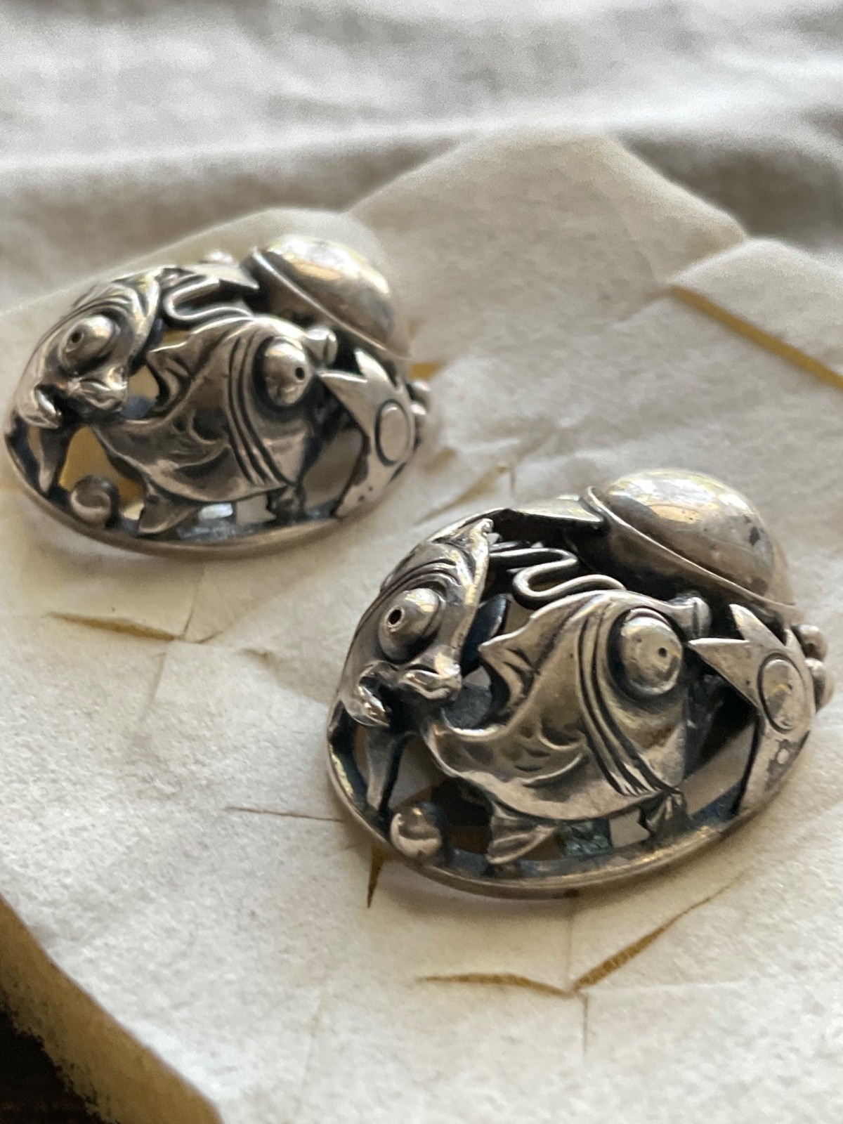Vintage n e from unsigned Denmark Sterling Fish earrings screwback now omega