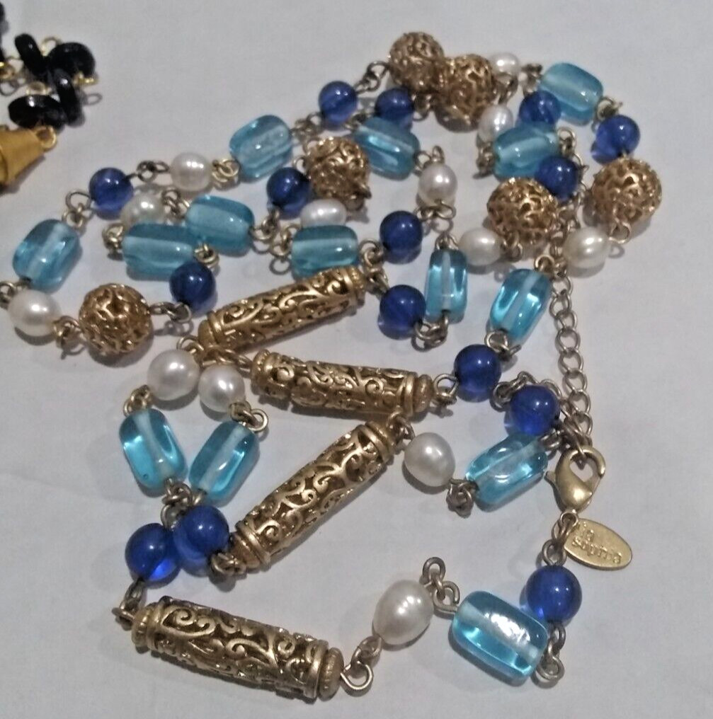 2 Necklaces. Black Egyptian Necklace & Blue Glass and cultured Pearls