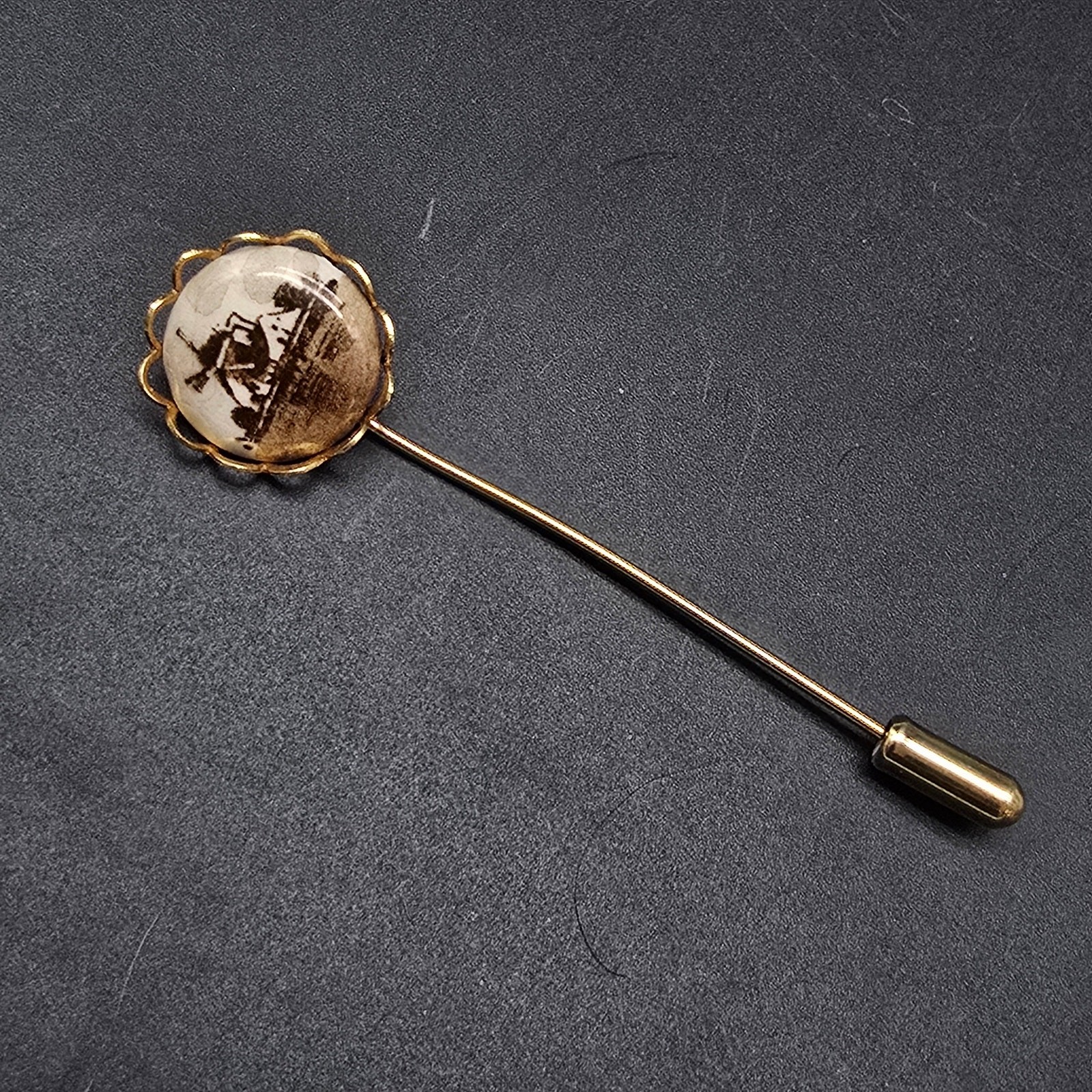 Holland Delft Stick Pin Hand Painted Brown Wind Mill Scene