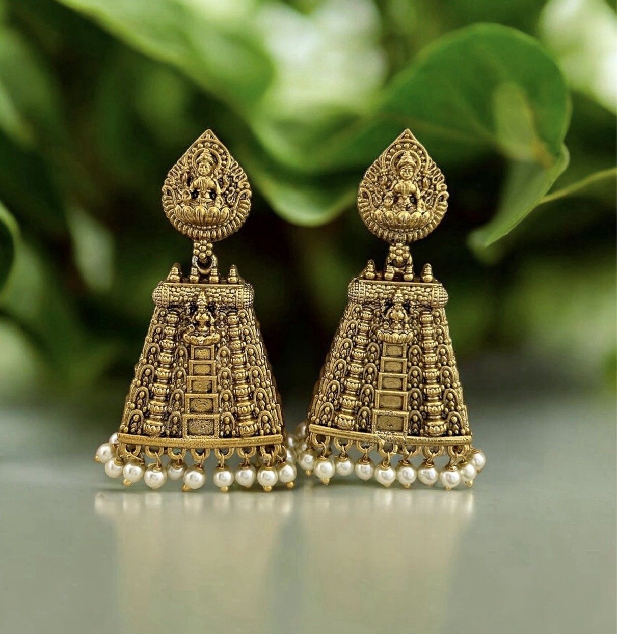Temple Antique Gold Tone Pearl Drop Women Traditional Gopuram Lakshmi Jhumka