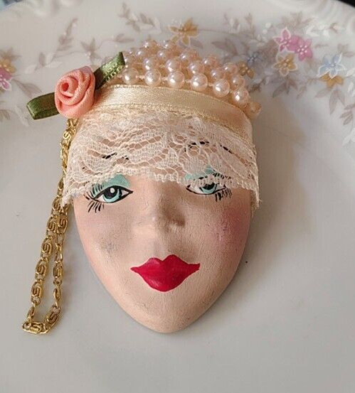 Vtg Retro Porcelain Painted Face Brooch Faux Pearl Peach Rose Lace Hat Red Lips
