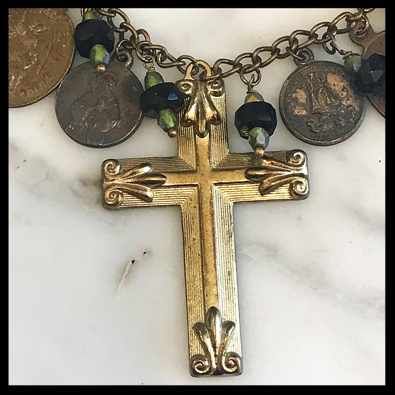 Vintage Religious Medallion & Cross Charm Necklace
