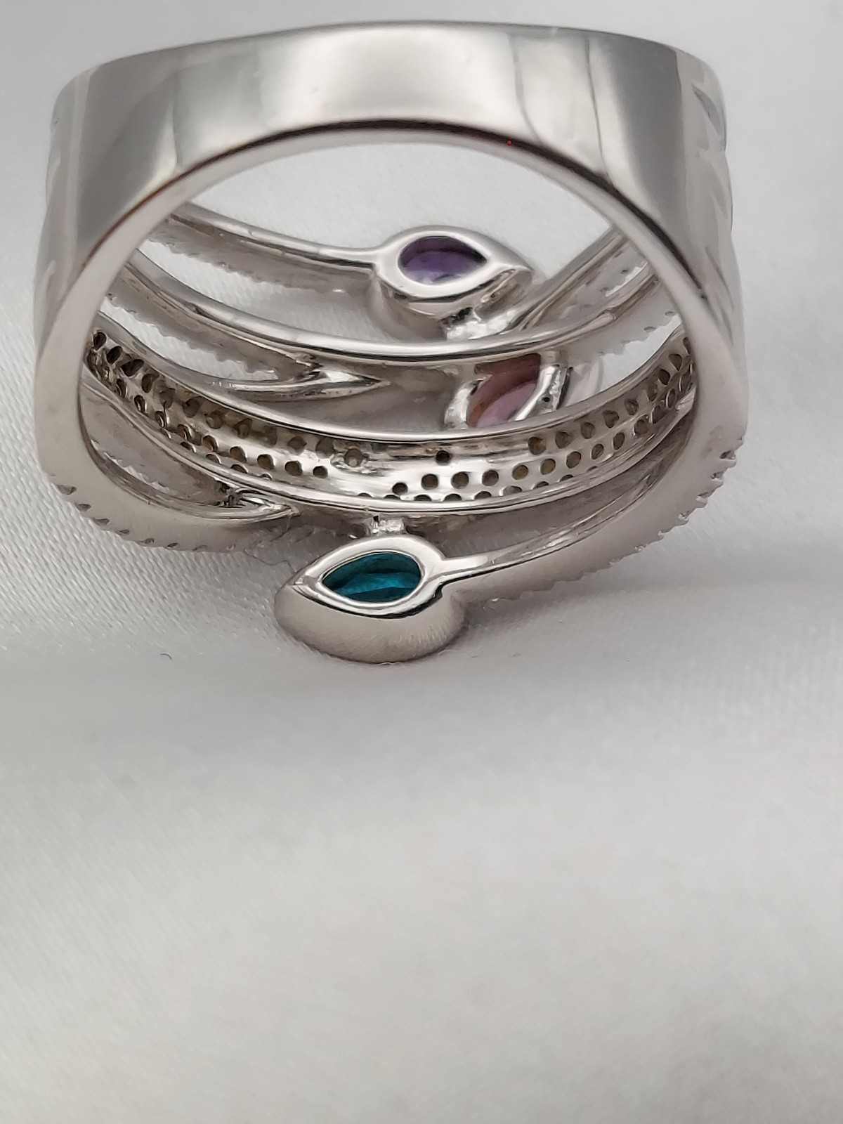 Vintage PJM 6Band Sterling Crystal Muti Color Pear Cut Gemstones Ring 5.9Gr Sz8
