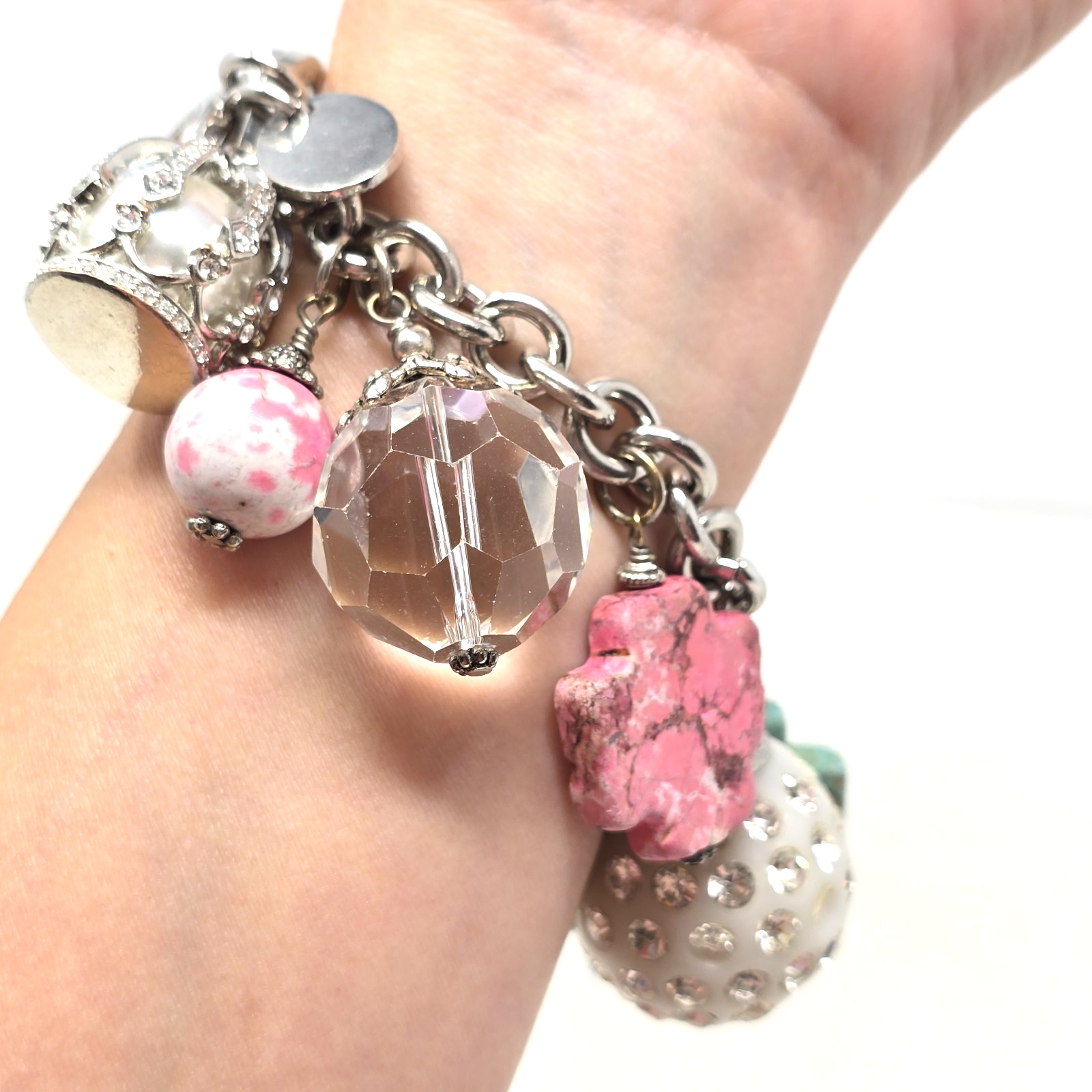 Vintage Tutti Frutti Beaded Charm Bracelet Silver Tone Stretch Heart Cross