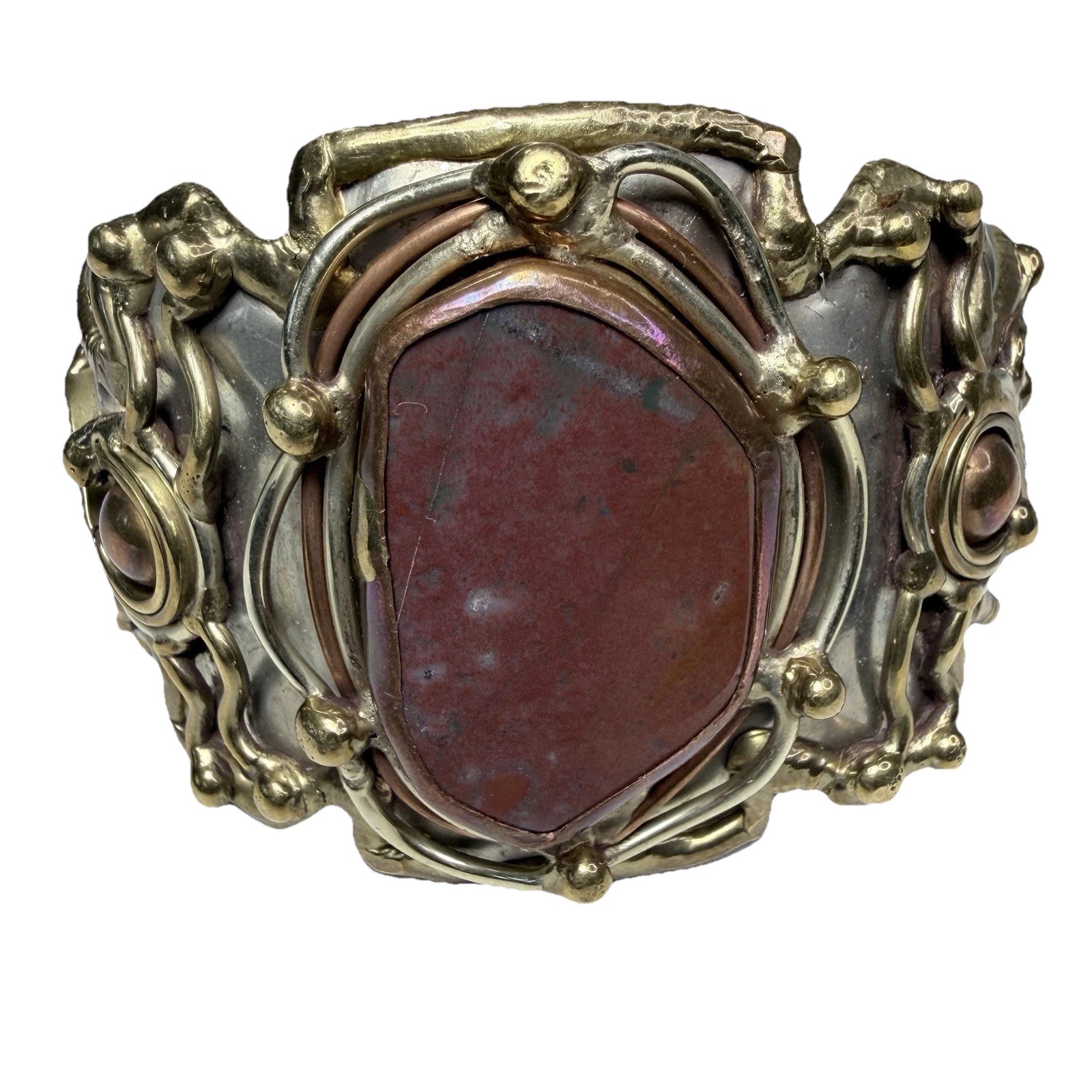 Beautiful Brutalist Mixed Metal Cuff Bracelet Brass & Copper Large Natural Stone