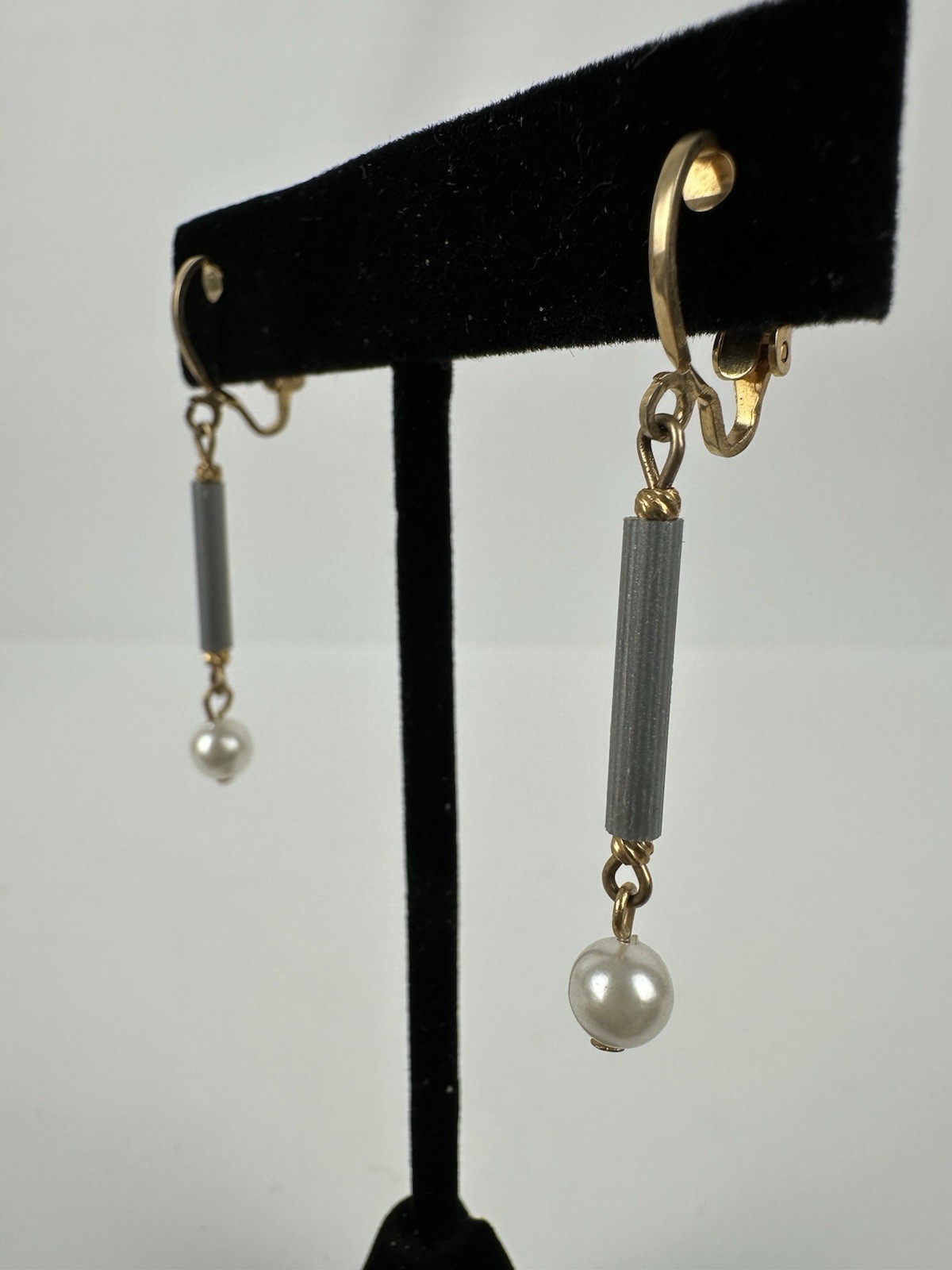 Vintage Clip On Gold Toned Gray And White Faux Pearl Dangle Earrings From Estate