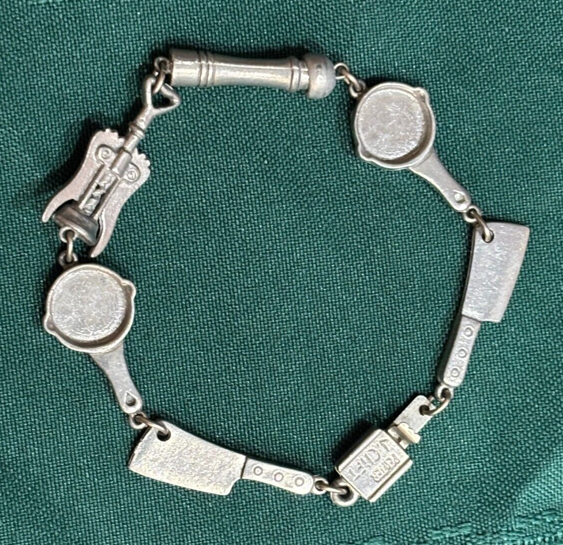 Vintage J. Clift Pewter Bracelet Chef Theme Linked Charms Cook Kitchen 7-1/2in