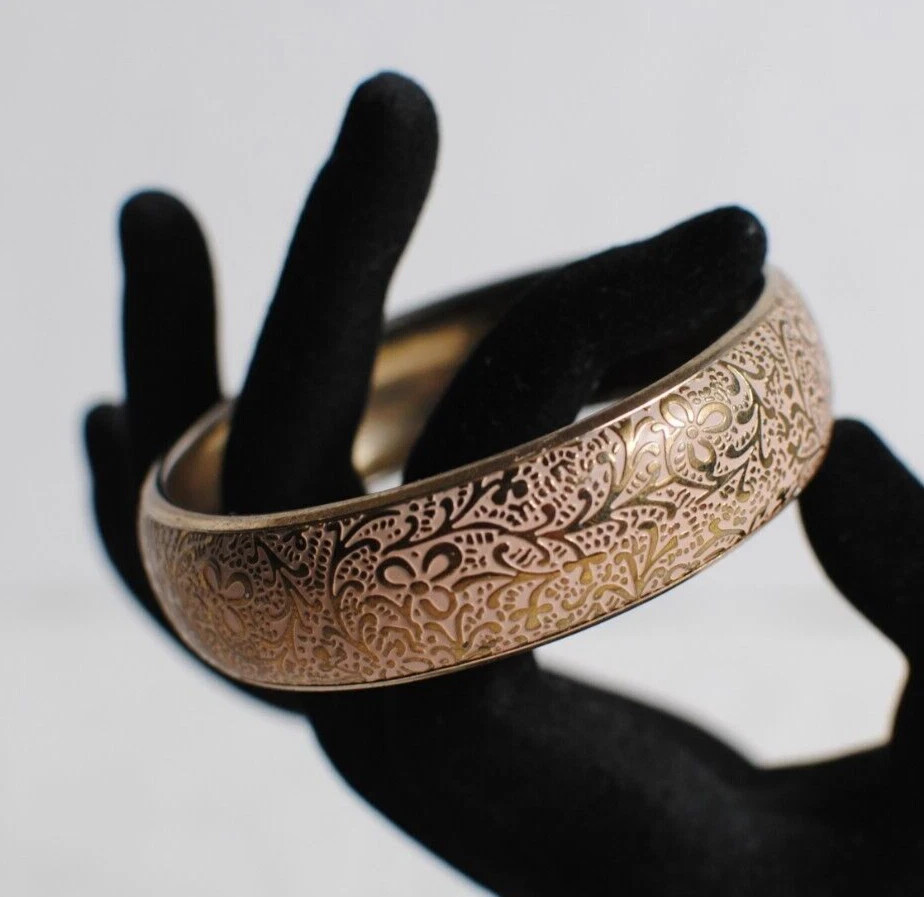 Vintage Rose Gold Copper Tone Wide Floral Pattern Bangle Fashion Bracelet 6 in