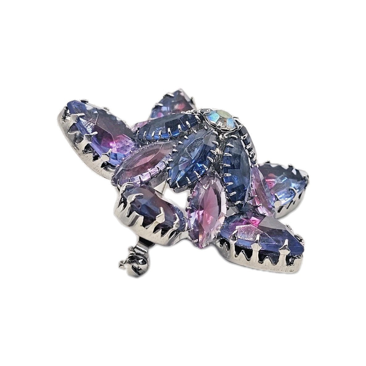 VTG Starburst Domed Purple Blue Pink Vitrail Glass Rhinestone Brooch Silver Tone