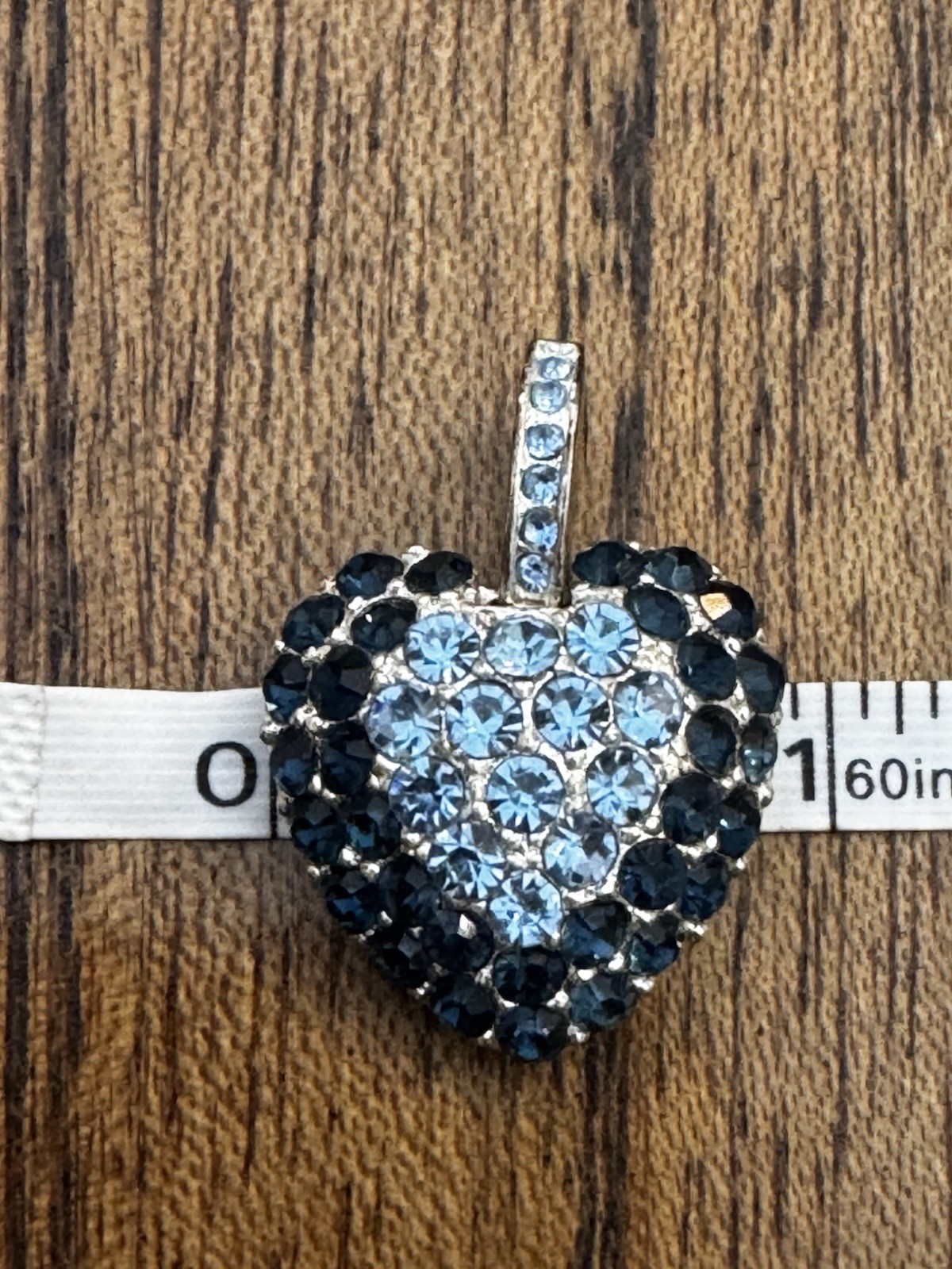 Vintage Blue Ombre Crystal Puff Heart Pendant Silver Tone Rhinestone 1″