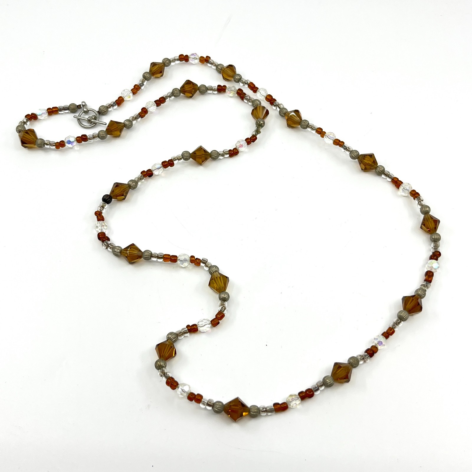 Vintage Amber Tone Crystal Beaded Necklace with AB Iridescent Accents Toggle