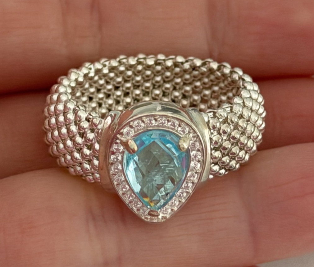 925 Italy Sterling Silver Genuine Blue Topaz Pear White Topaz Mesh Ring Size 9