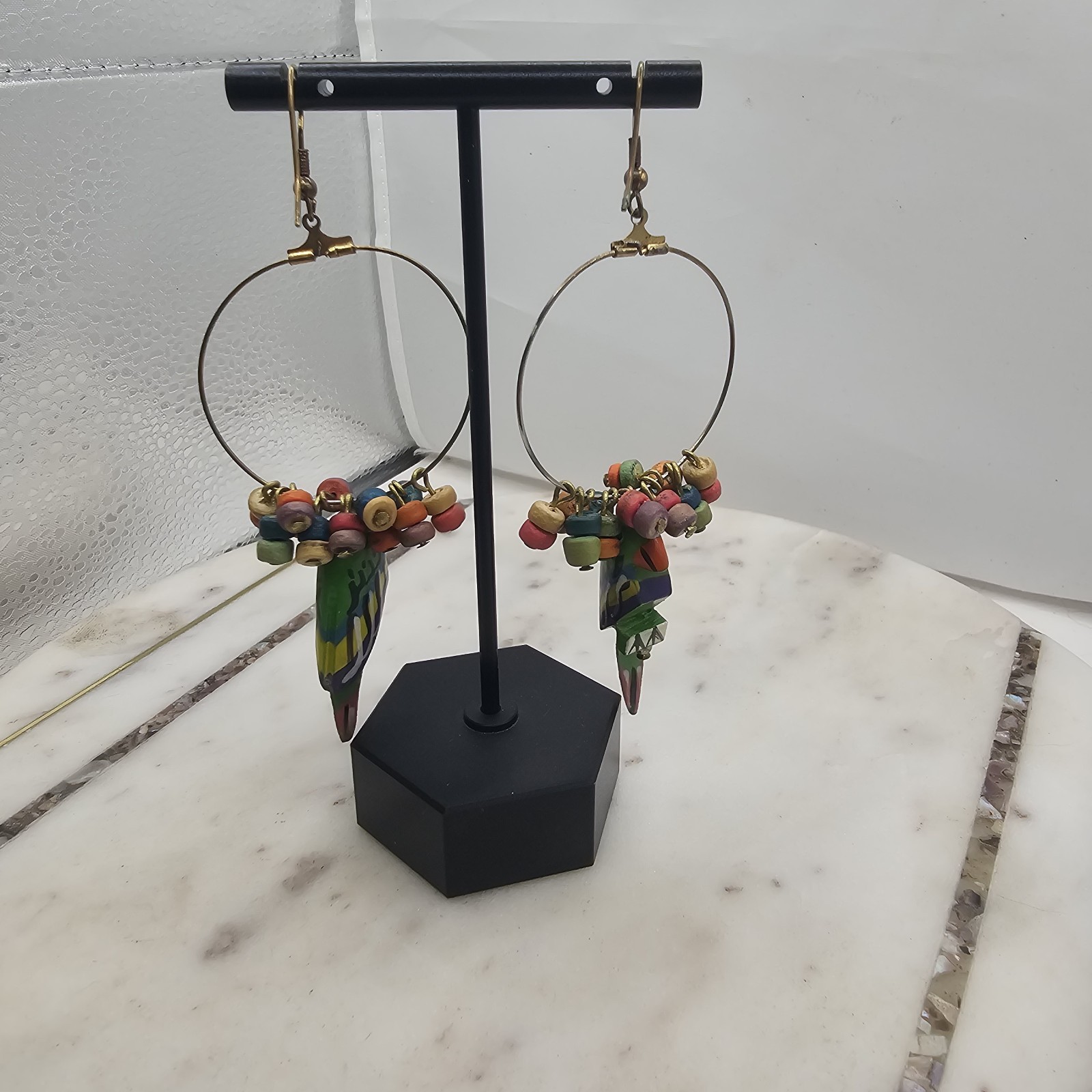 Vintage Parrot Hoop Dangle Earrings Colorful Wooden Beaded Boho Kitsch Whimsical