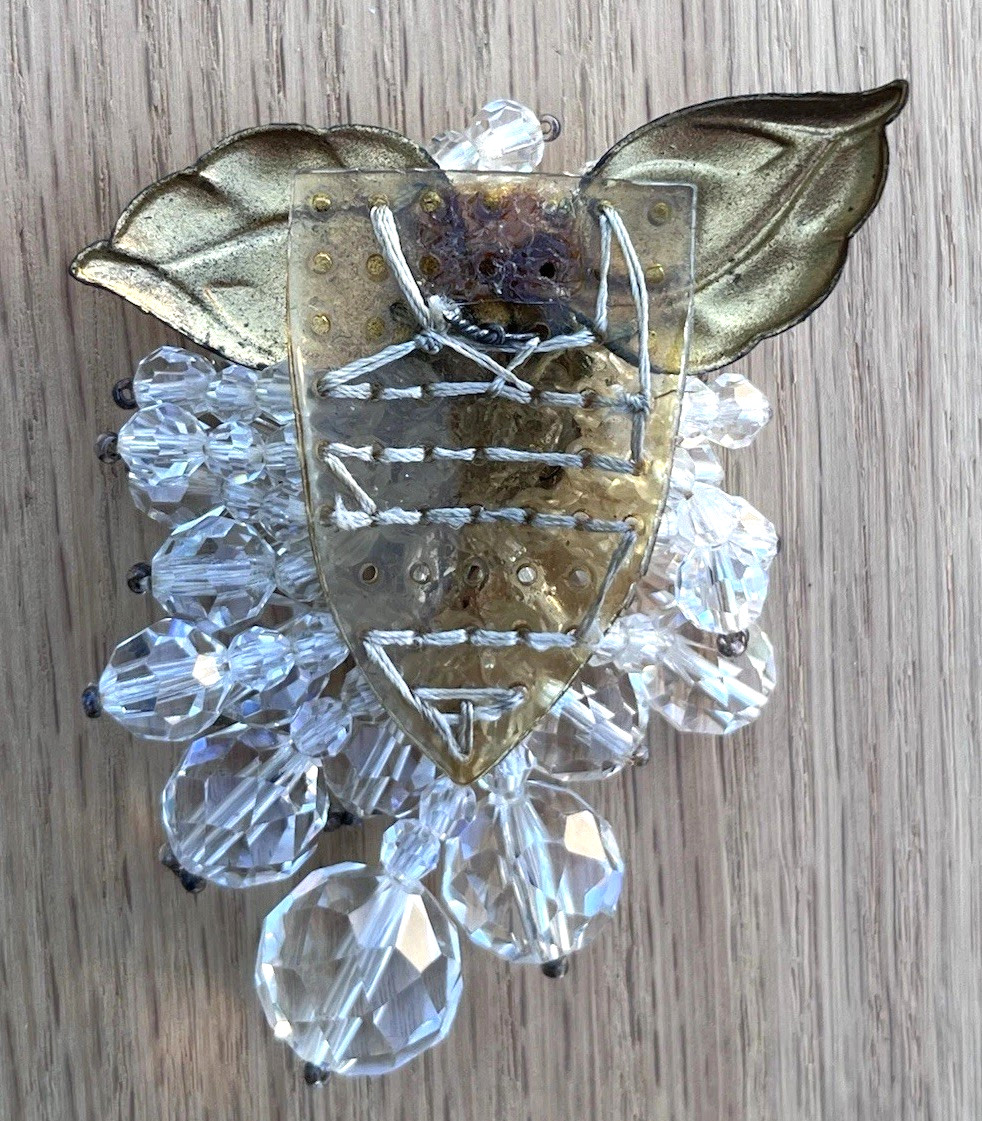 Antique 1930s Fur Dress Clip Brooch Clear Glass Cut Beads Grape Cluster Leaves