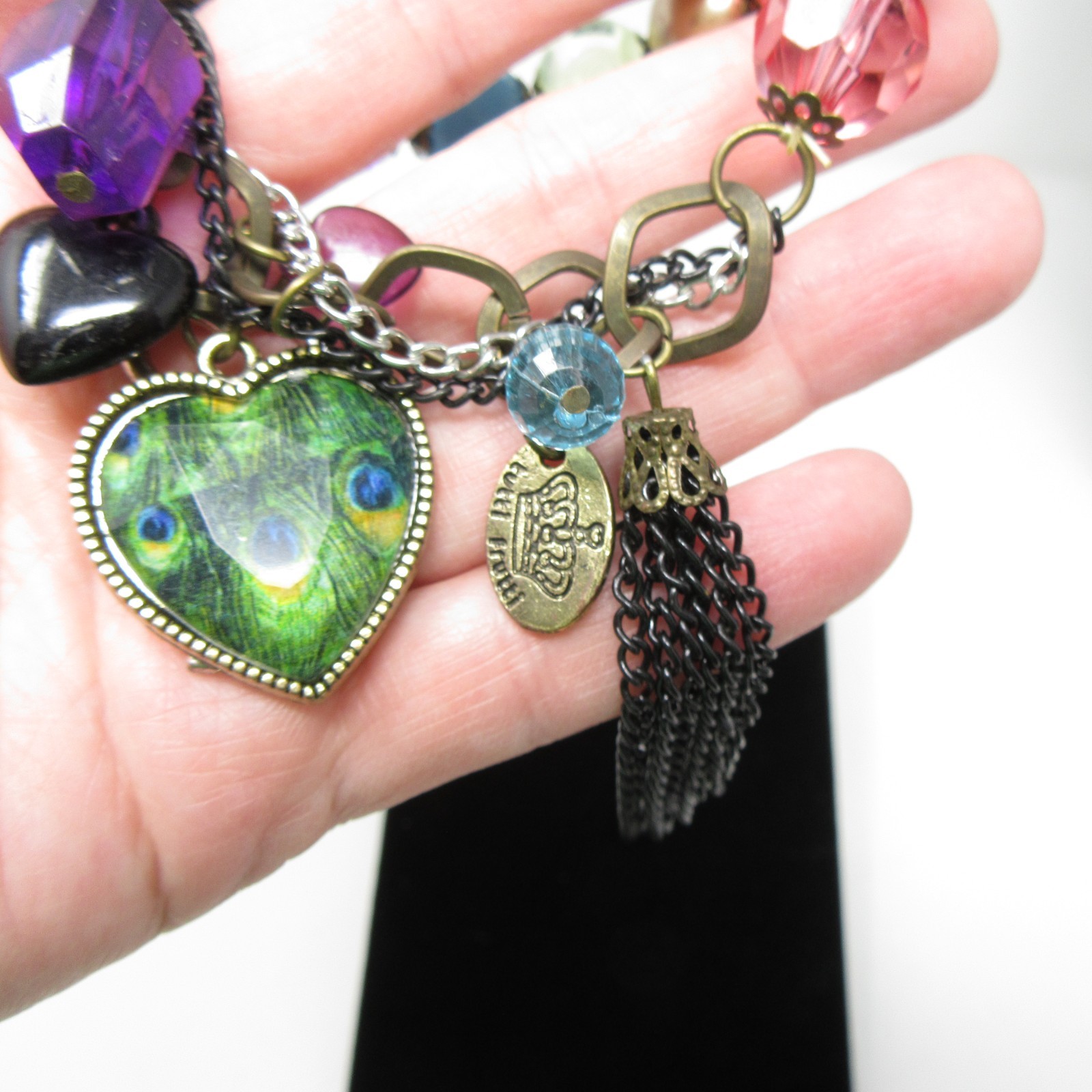 Tutti Frutti Peacock Beaded Multi Charm Heart Tassel Stretch Bracelet 7″ inch vt