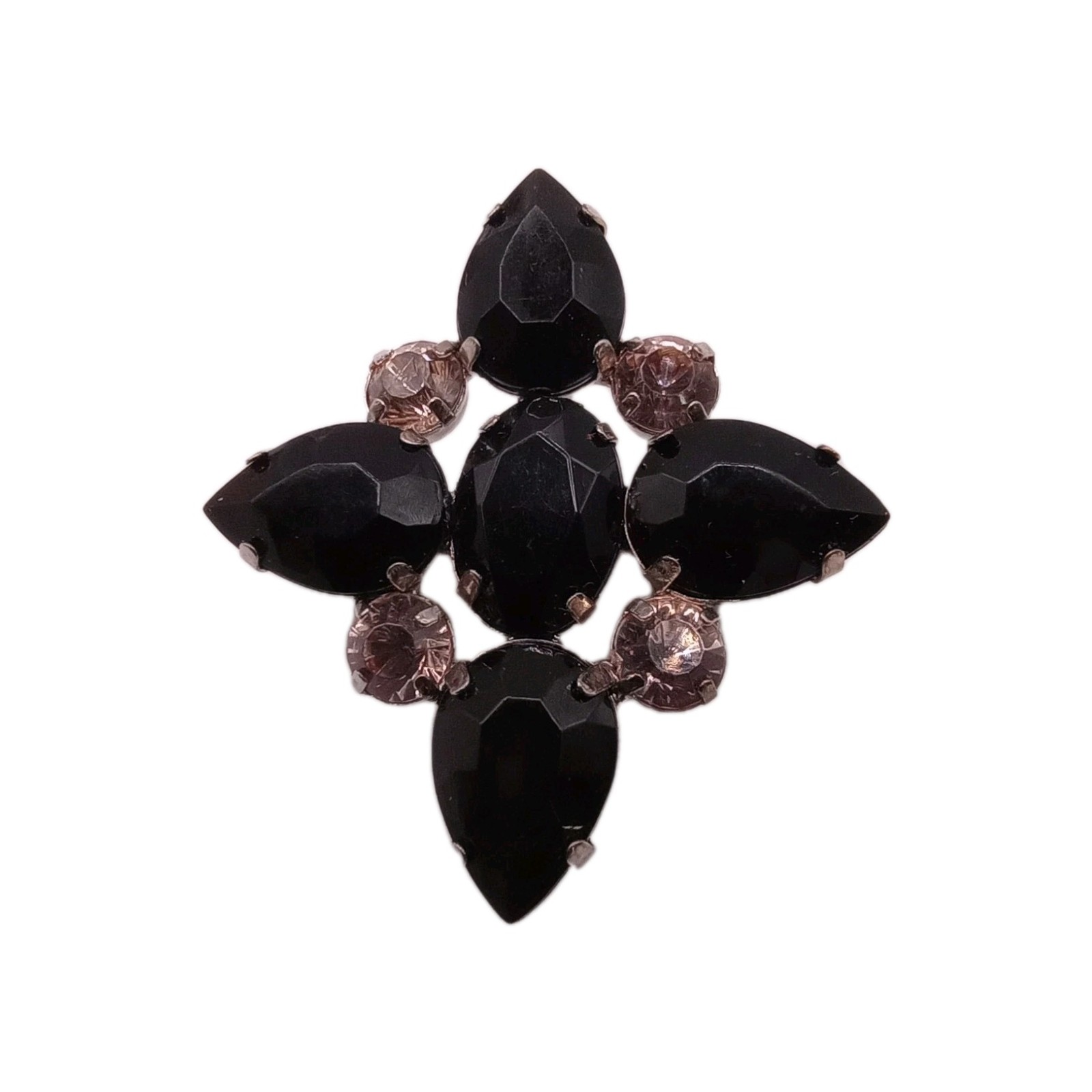 Vintage Black Smoky Rhinestone Floral Brooch Cluster Prong Set Pin 1 3/4 D