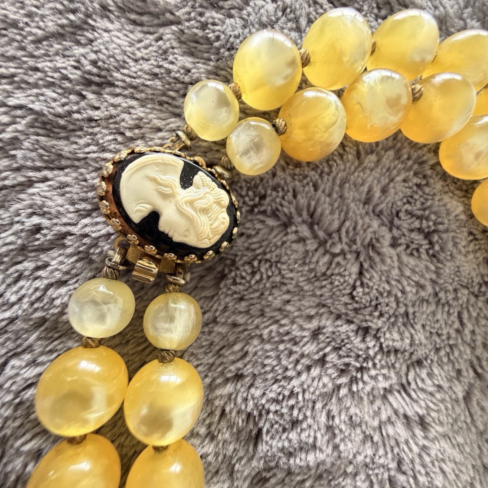 Cameo Necklace Butterscotch Vintage 1950s Yellow Lucite Double Strand