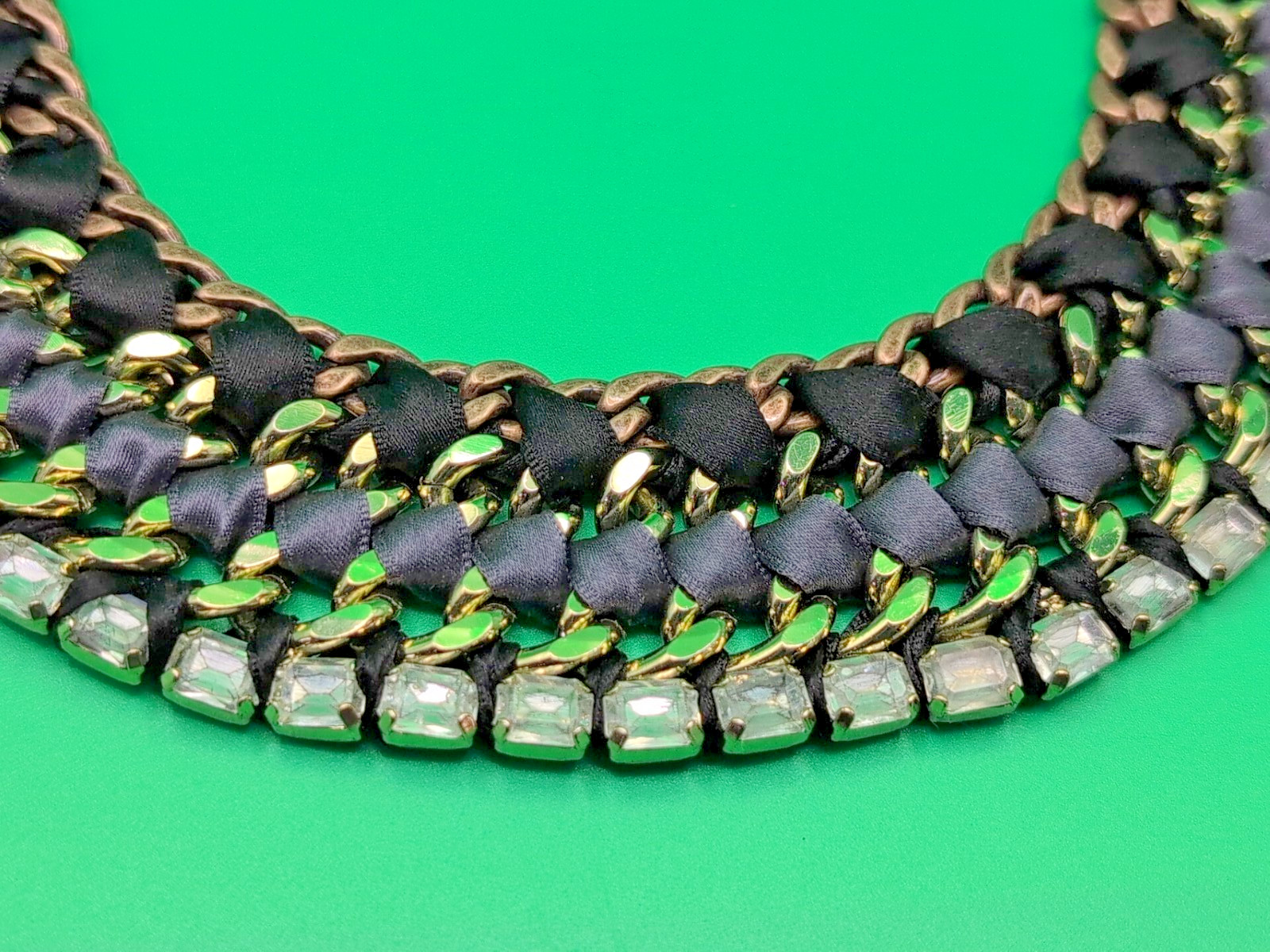 Vintage Crystal Baguette Rhinestone/Gray Ribbon Bib Necklace Collar Stella & Dot
