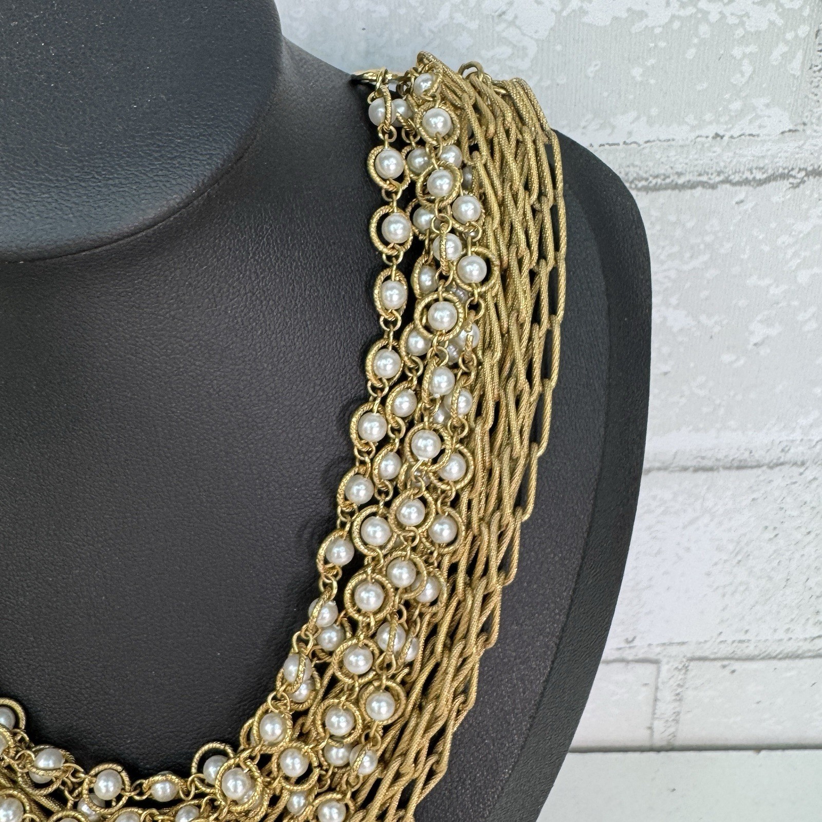Vintage 60’s White Faux Pearl and Paper Clip Chain Gold Tone Layered Necklace