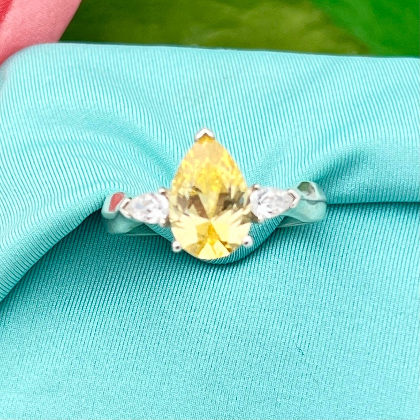 Sterling Silver 3 Carat Teardrop Yellow Citrine & Cubic Zirconia Ring-Vintage