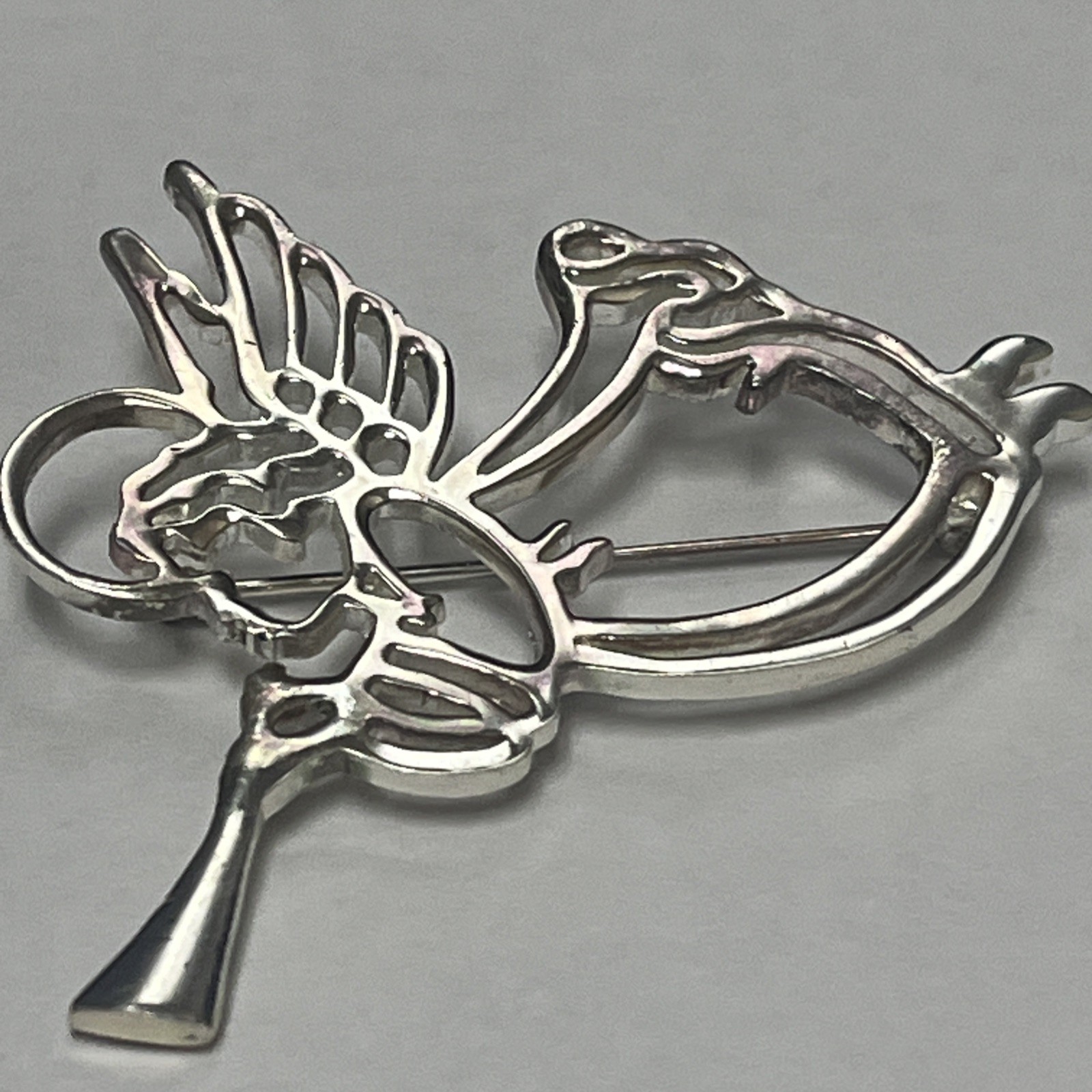 Vintage Silver Halo Angel With Wings & Blowing Trumpet Brooch Lapel Pin Costume