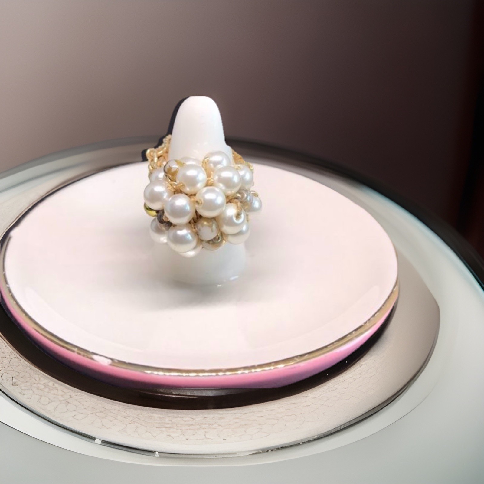Vintage Faux Seed Pearl Cluster Ring On Metallic Stretch Band