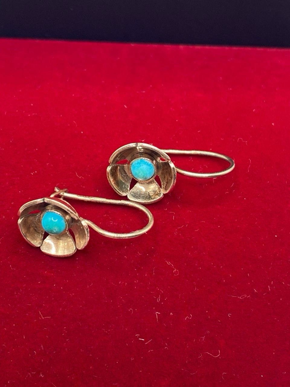 Vintage Soviet Gilt Turquoise Earrings Silver 875