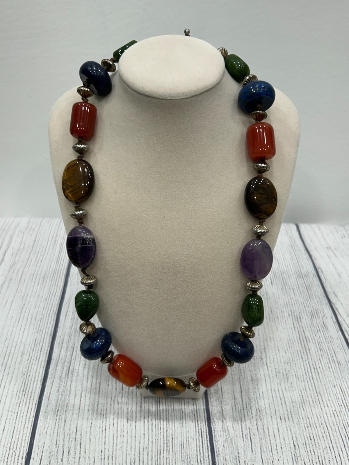 Artisan Multi-Gemstone Necklace Amethyst Lapis Tiger’s Eye Carnelian Jade 18″