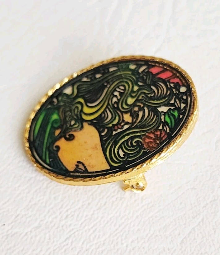 Vintage Signed Jan Max Cameo Brooch Colorful Art Noveau Style 1971
