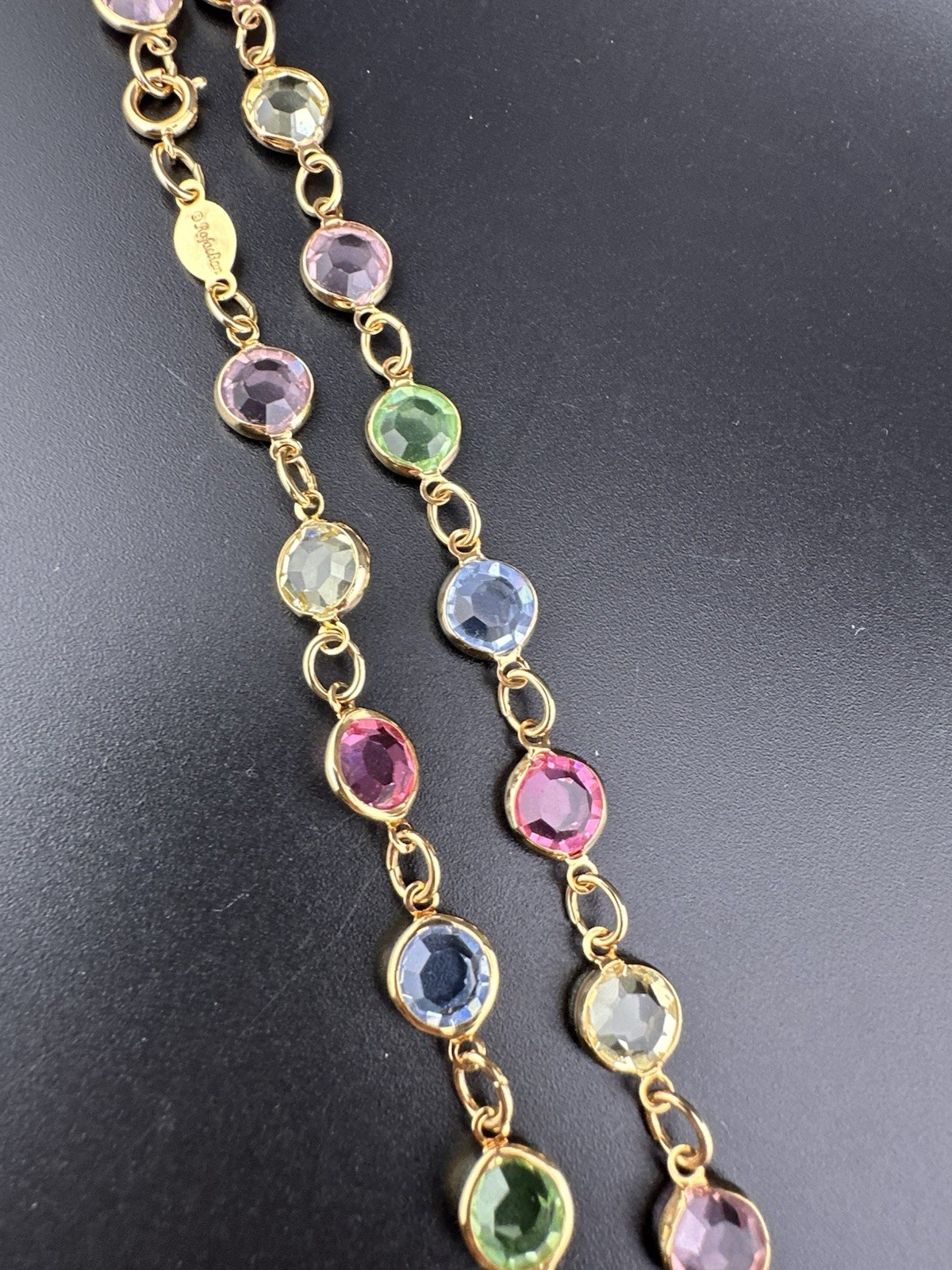 Rafaelian Vintage Long Necklace Open Bezel Austrian Crystal USA Multi-Color 30”