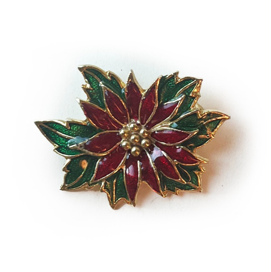 Vintage 1970s Steinmetz Christmas Poinsettia Pin Brooch Enamel Signed SFJ