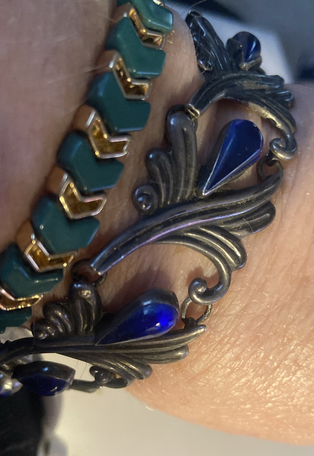 VTG Los Castillo Taxco Mexican Sterling Blue Cabochon Glass Floral Bracelet 7″
